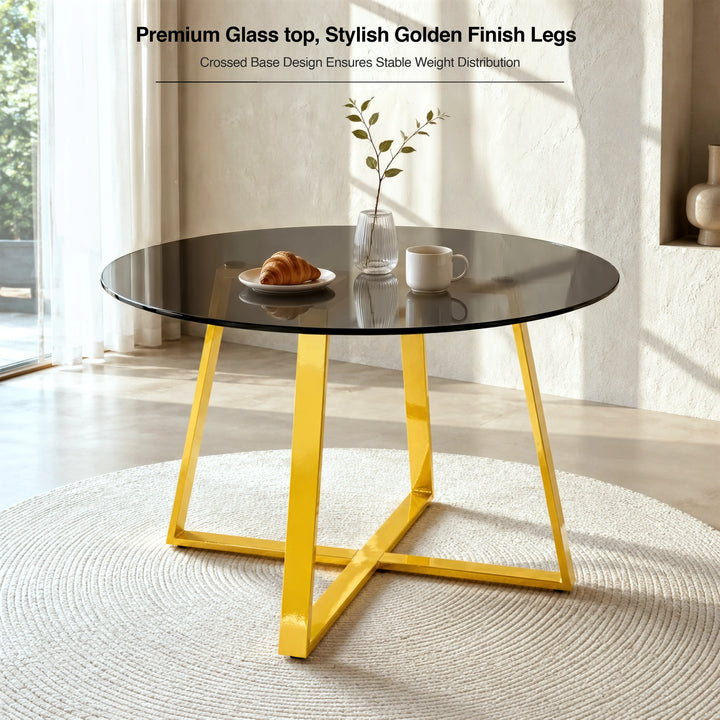 [Green | Tinted] Kyvon 110cm round table graphic with gold legs; text reads "Premium Glass top, Stylish Golden Finish Legs"