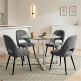 [Grey] Kyvon round glass dining set with 110cm round table, chrome legs and 4 grey chairs in a dining room