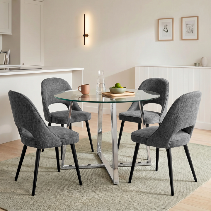 [Grey] Kyvon round glass dining set with 110cm round table, chrome legs and 4 grey chairs in a dining room