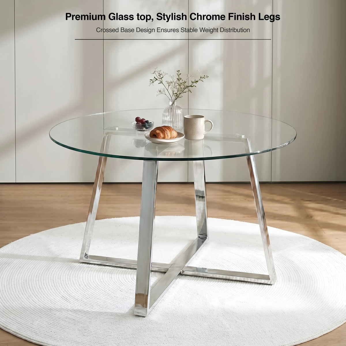 [Vertical Grey | Clear] Kyvon 110cm round glass table graphic; text reads "Premium Glass top, Stylish Chrome Finish Legs"