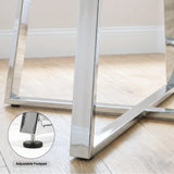 [Vertical Grey | Clear] Kyvon chrome finish table legs close-up graphic with inset text reading "Adjustable Footpad"