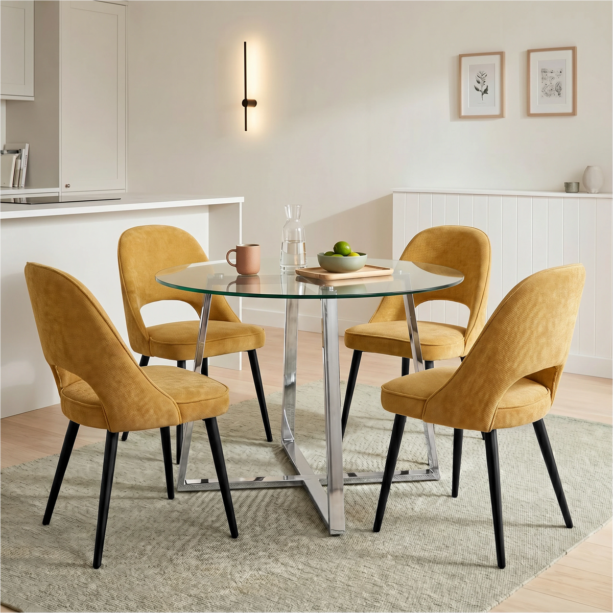 [Mustard] Kyvon round glass dining set with 110cm round table, chrome legs and 4 mustard chairs in a dining room