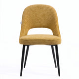 [Mustard | Tinted] Kyvon mustard upholstered fabric comfy dining chair front view with black metal legs