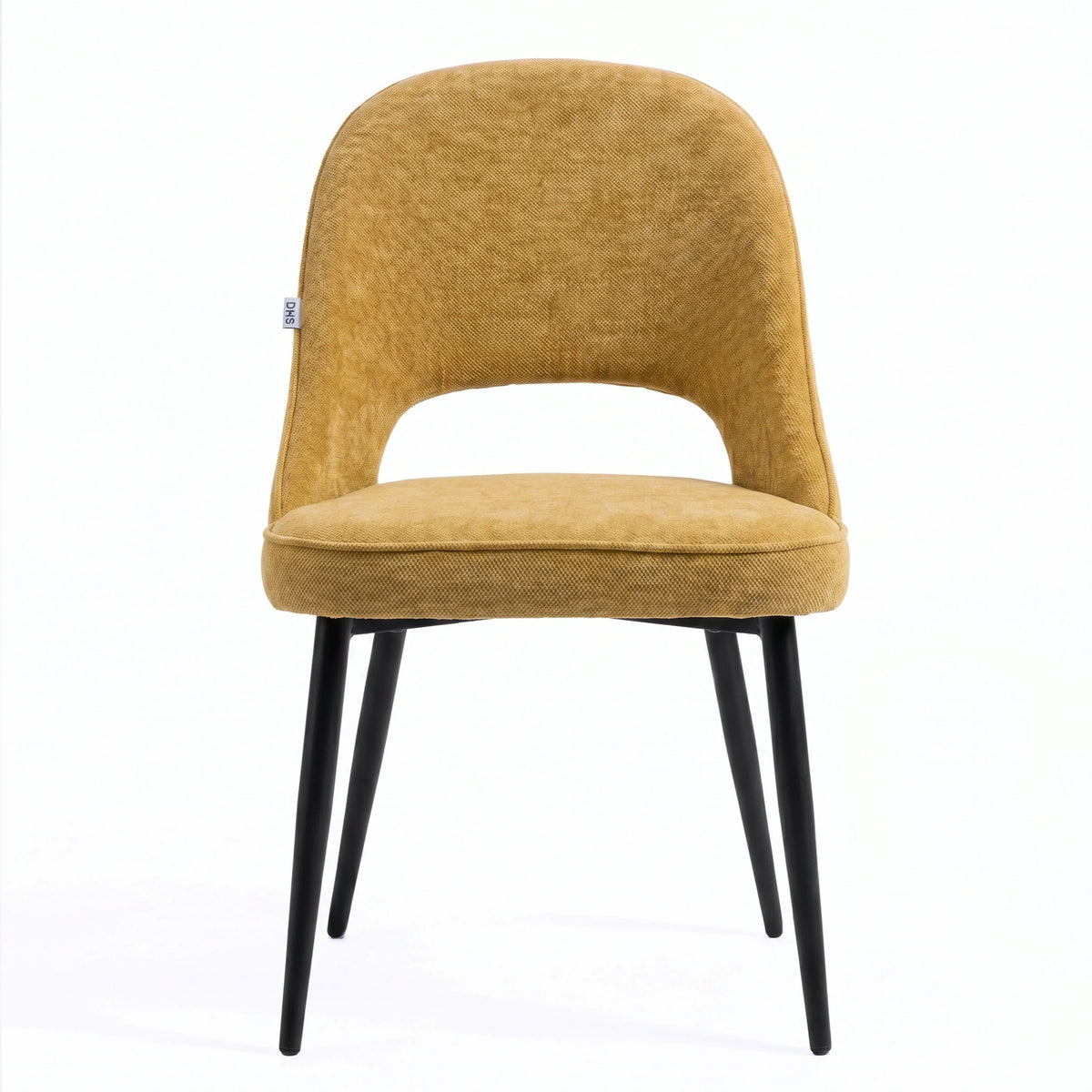 [Mustard | Tinted] Kyvon mustard upholstered fabric comfy dining chair front view with black metal legs