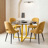 [Mustard | Tinted] Kyvon 4 seater round glass dining set with Tinted tabletop, gold legs and mustard chairs in a dining room