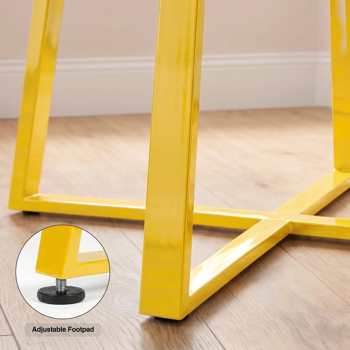 [Mustard | Tinted] Kyvon gold table legs close-up graphic with inset text reading "Adjustable Footpad"