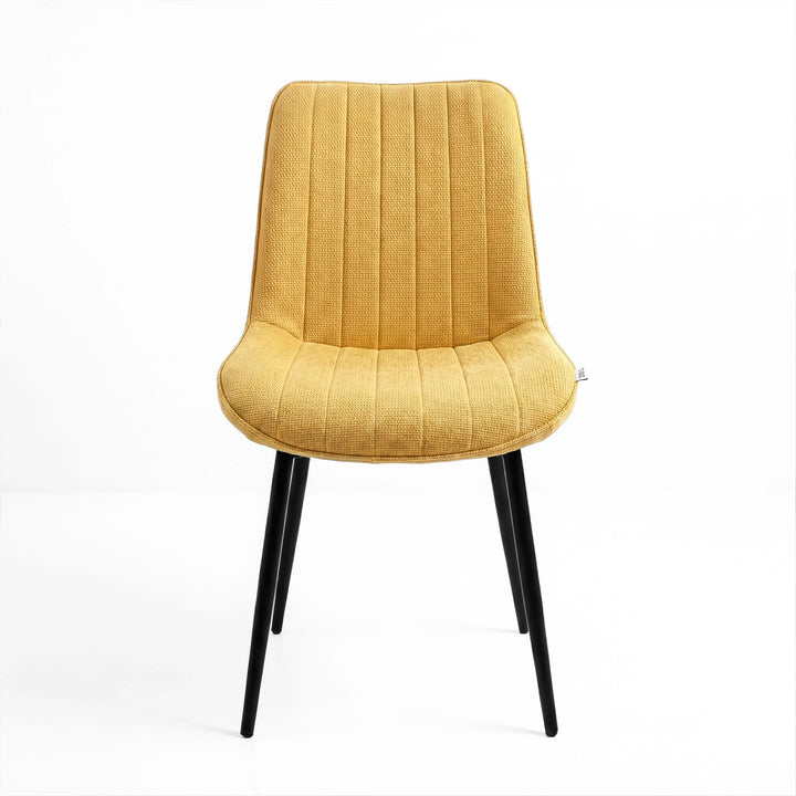 [Mustard] Kyvon mustard upholstered fabric vertical dining chair front view with black metal legs