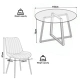 [Vertical Mustard | Clear] Kyvon size guide graphic showing 110cm round tabletop x 75H and chair 53W x 60D x 87H cm