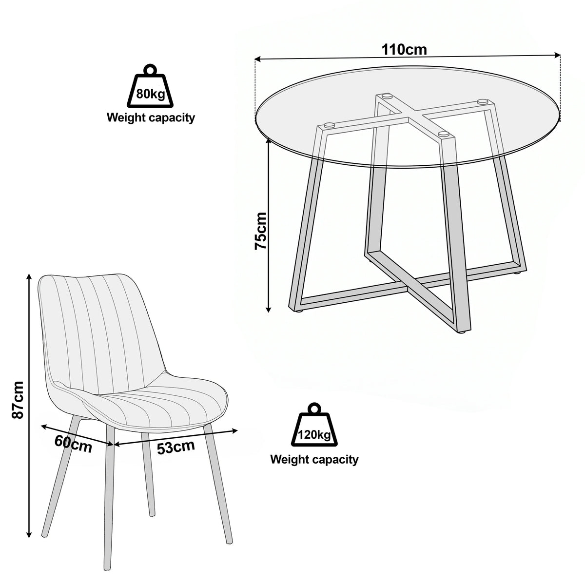 [Vertical Mustard | Clear] Kyvon size guide graphic showing 110cm round tabletop x 75H and chair 53W x 60D x 87H cm