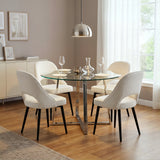 [Cream] Kyvon round glass dining table set with comfy curvy chairs and chrome-finish iron legs in dining room