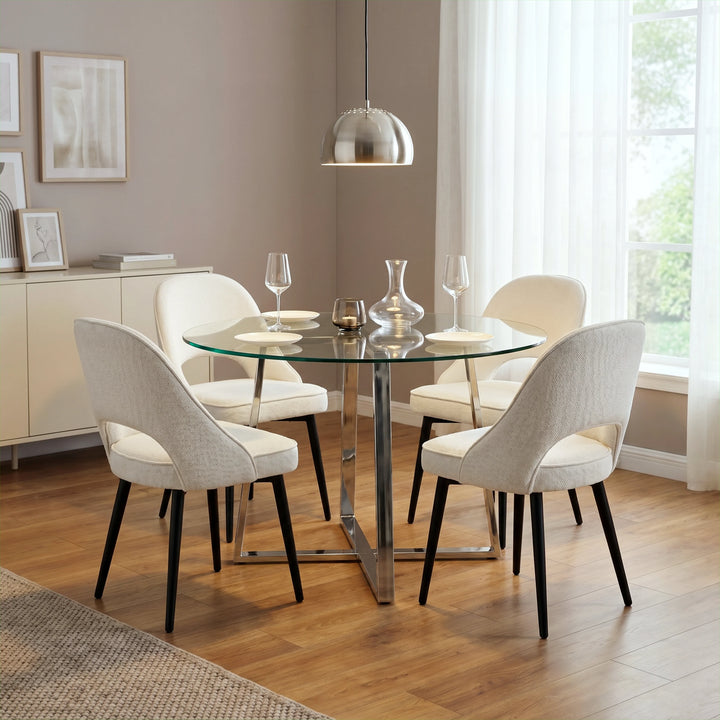 [Cream] Kyvon round glass dining table set with comfy curvy chairs and chrome-finish iron legs in dining room