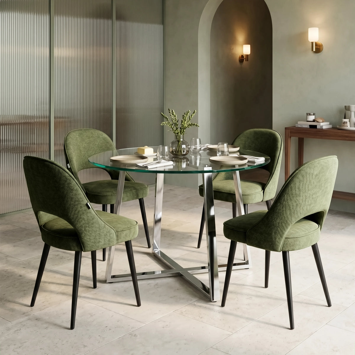 [Green] Kyvon round glass dining table set with comfy curvy chairs and chrome-finish iron legs in dining room