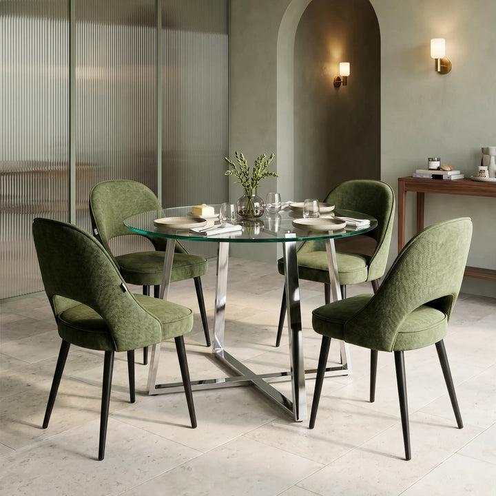 [Green] Kyvon round glass dining table set with comfy curvy chairs and chrome-finish iron legs in dining room