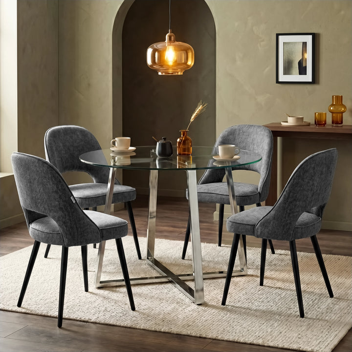 [Grey] Kyvon round glass dining table set with comfy curvy chairs and chrome-finish iron legs in dining room