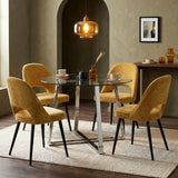 [Mustard] Kyvon round glass dining table set with comfy curvy chairs and chrome-finish iron legs in dining room