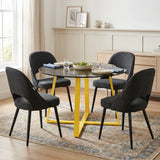 [Black | Tinted] Kyvon smoked round glass dining table set with 4 comfy curvy chairs and golden iron legs in dining room