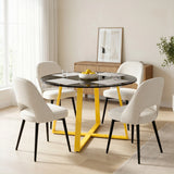 [Cream | Tinted] Kyvon round glass dining table set with cream comfy curvy chairs and golden iron legs in dining room