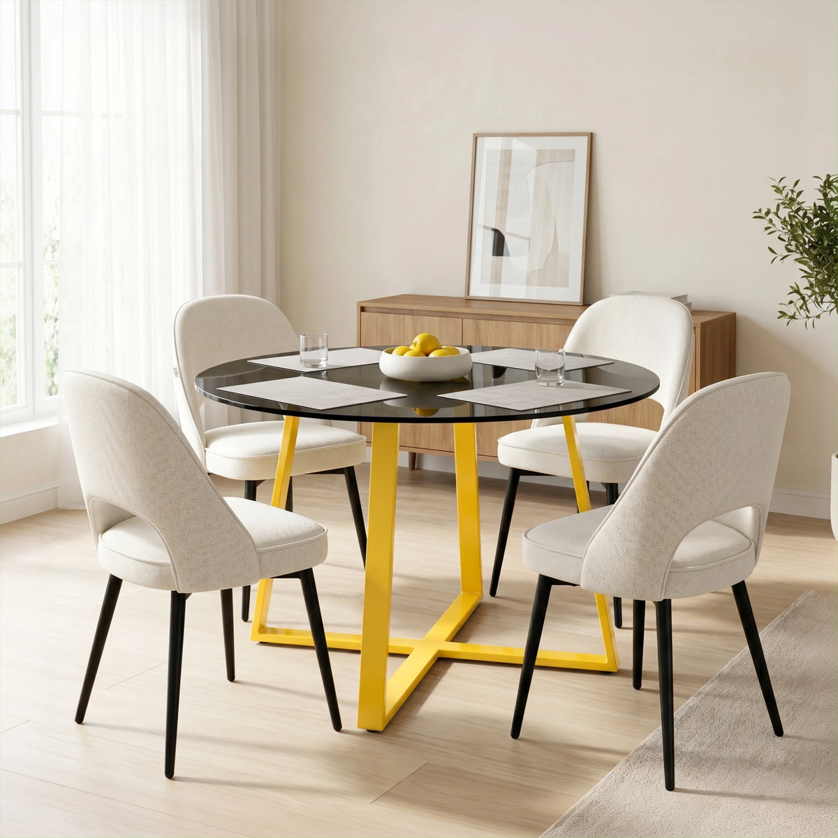 [Cream | Tinted] Kyvon round glass dining table set with cream comfy curvy chairs and golden iron legs in dining room