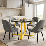 [Grey | Tinted] Kyvon round glass dining table set with comfy curvy chairs and golden iron legs in dining room