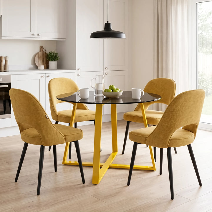 [Mustard | Tinted] Kyvon round glass dining table set with comfy curvy chairs and golden iron legs in open kitchen-diner room