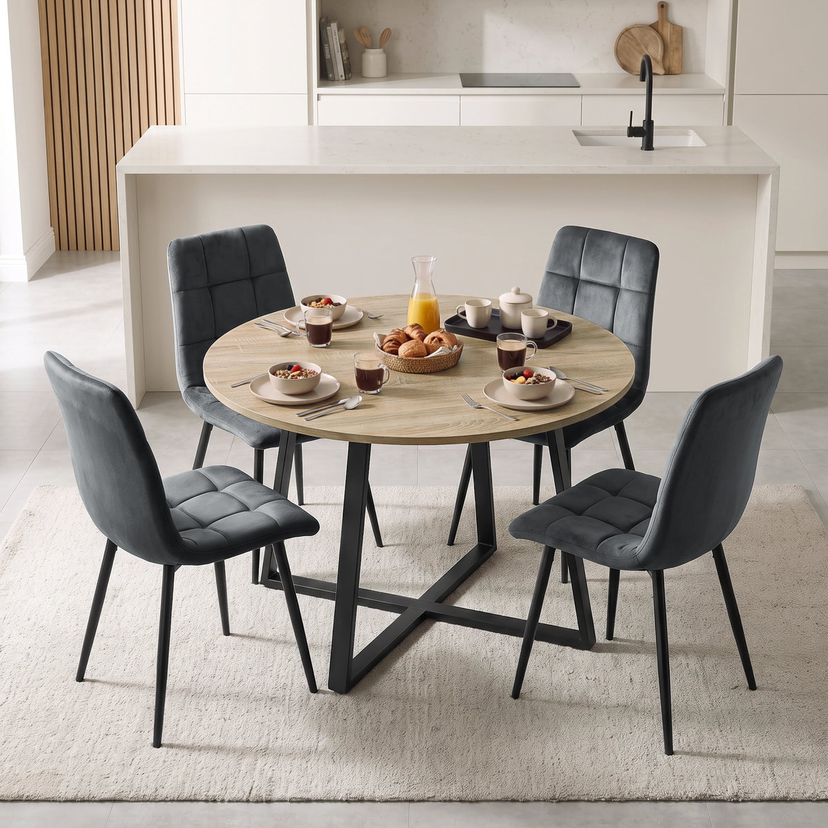 [Dark Grey | Sonoma Oak] Kyvon round dining table set with 4 dark grey velvet chairs in a dining room
