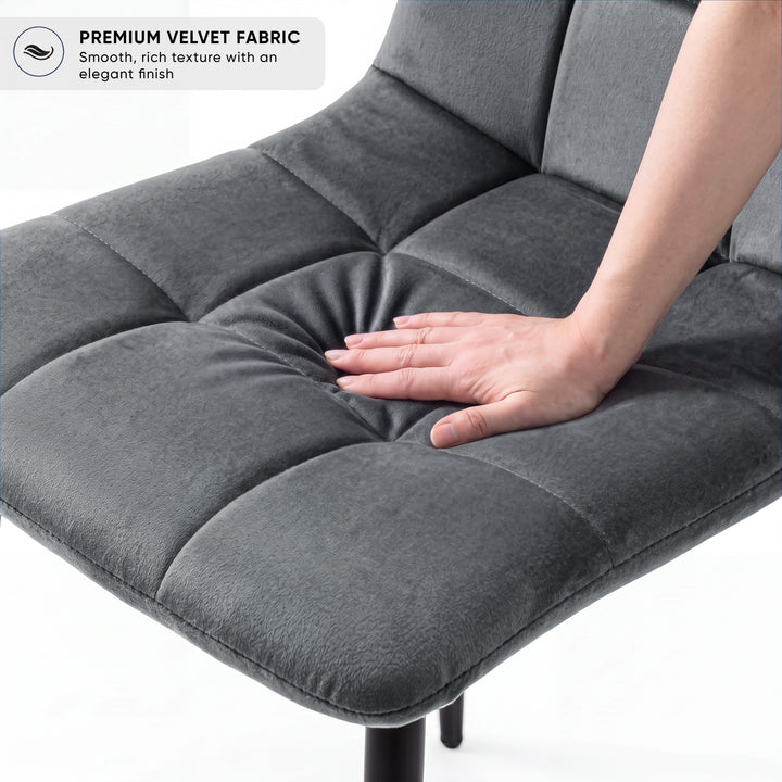 [Dark Grey | Sonoma Oak] Kyvon chair close-up: Premium Velvet Fabric, padded dark grey velvet tufted seat