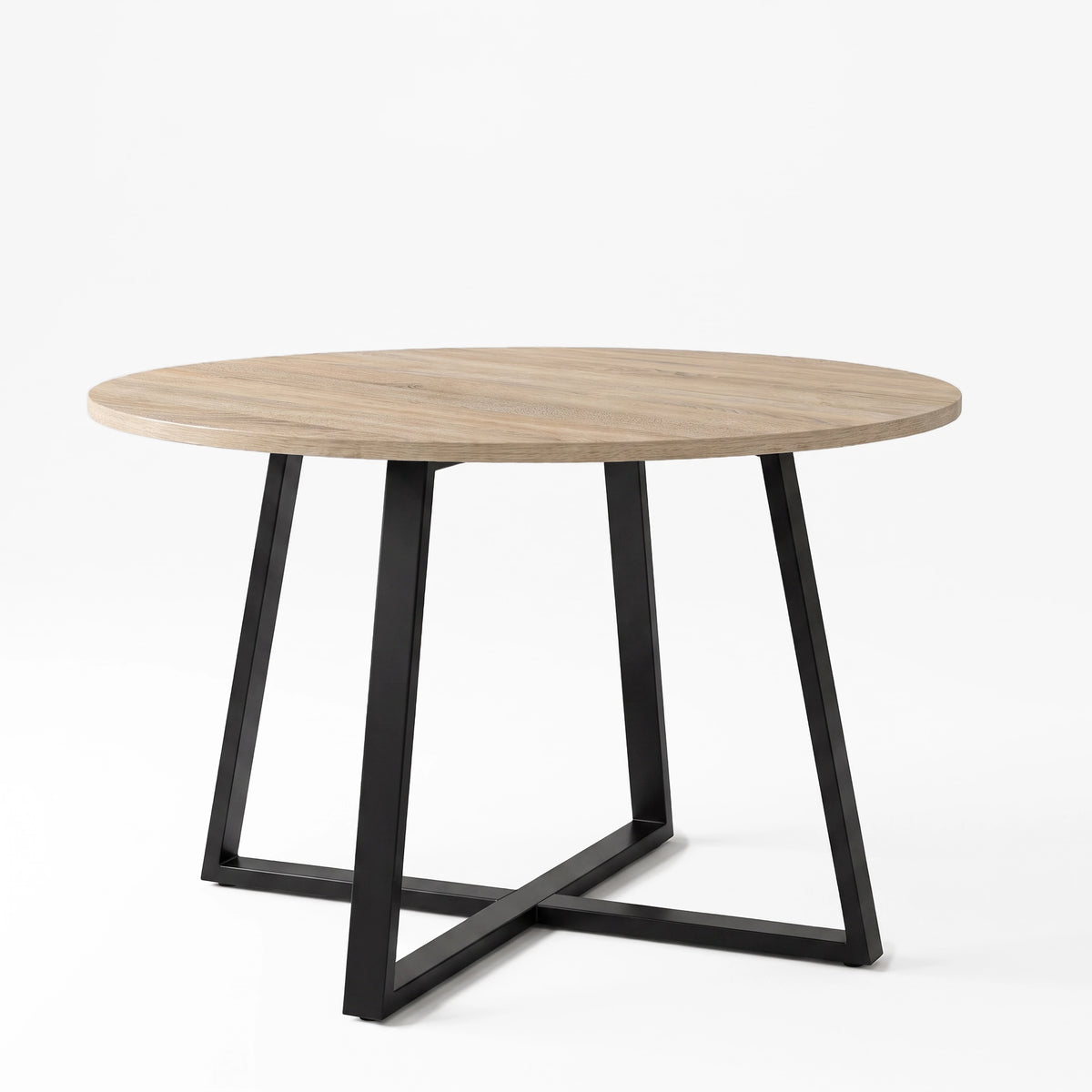 [Grey | Sonoma Oak] Kyvon round dining table set, 110cm sonoma oak-effect table with black cross-leg base