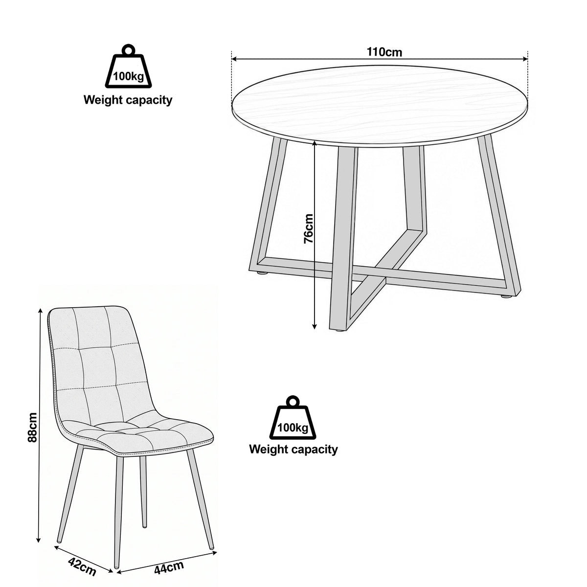 [Light Grey | Sonoma Oak] Kyvon dimensions graphic: table 110cm diameter x 76H; light grey velvet chair 44W x 42D x 88H cm