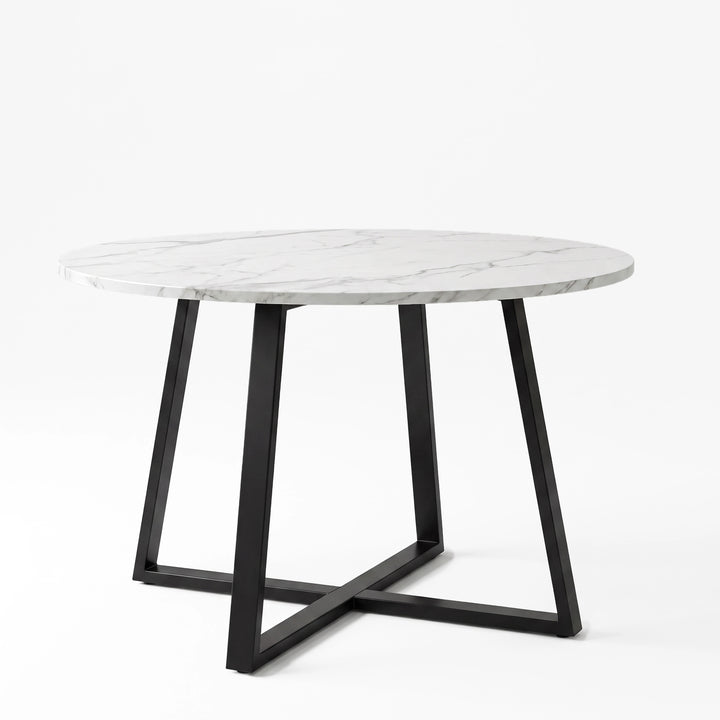 [Dark Grey | White Marble] Kyvon round dining table set, 110cm white marble-effect table with black cross-leg base