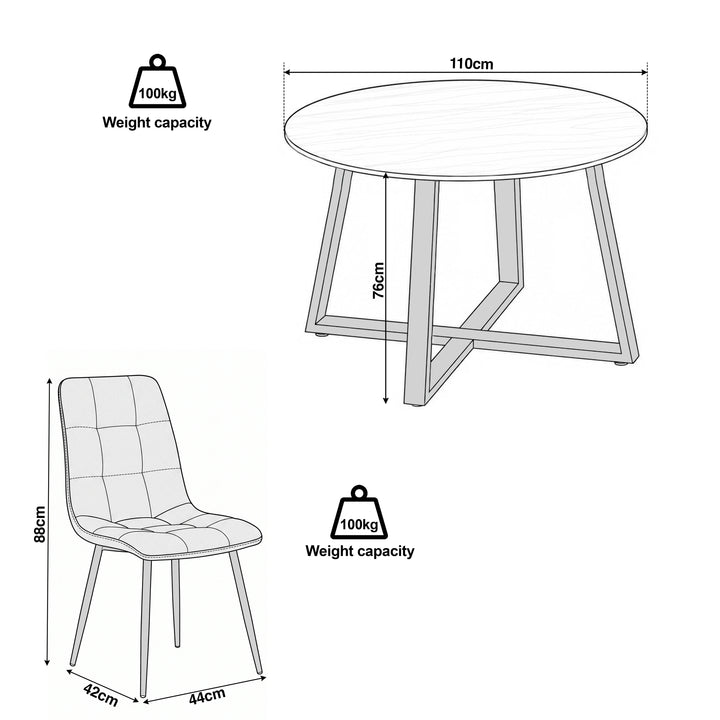 [Light Grey | White Marble] Kyvon dimensions graphic: table 110cm diameter x 76H; light grey velvet chair 44W x 42D x 88H cm