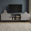 [Grey] Grey 180cm TV unit with vertical fluted side doors and central open shelf, TV mounted on dark navy wall.