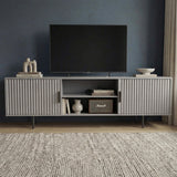 [Grey] Grey 180cm TV unit with vertical fluted side doors and central open shelf, TV mounted on dark navy wall.