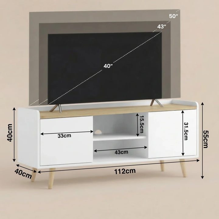 [White | 112 cm]  Larvik White TV Unit with Storage 112cm Oak Top dimension guide diagram showing structural measurements alongside sizing overlays for 40-inch, 43-inch, and 50-inch televisions