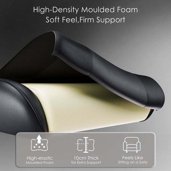 [Black] High-density moulded foam seat cover with text on soft feel and firm support, on a gray background.