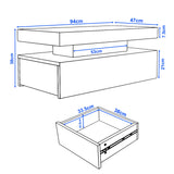 [Black] Coffee table technical drawing showing 94x47x38cm body and separate drawer of 38 x 33.5 x 10.5cm