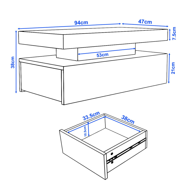 [Black] Coffee table technical drawing showing 94x47x38cm body and separate drawer of 38 x 33.5 x 10.5cm
