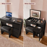 [Black] closed-vs-opened comparison of black vanity, laptop on left frame, mirror and stool on right