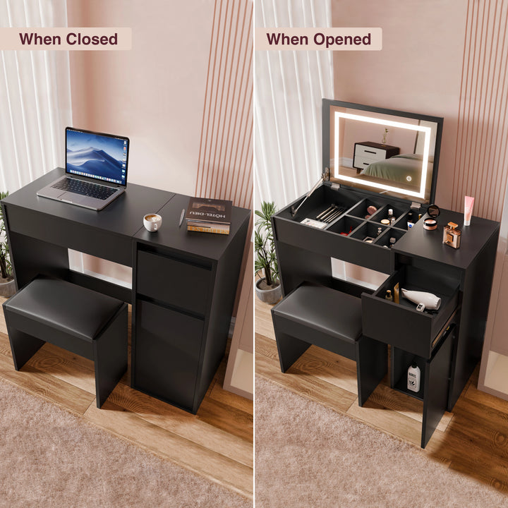 [Black] closed-vs-opened comparison of black vanity, laptop on left frame, mirror and stool on right