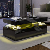 [Black] Night view of black storage coffee table, warm yellow shelf glow lighting headphones, gift box and speaker