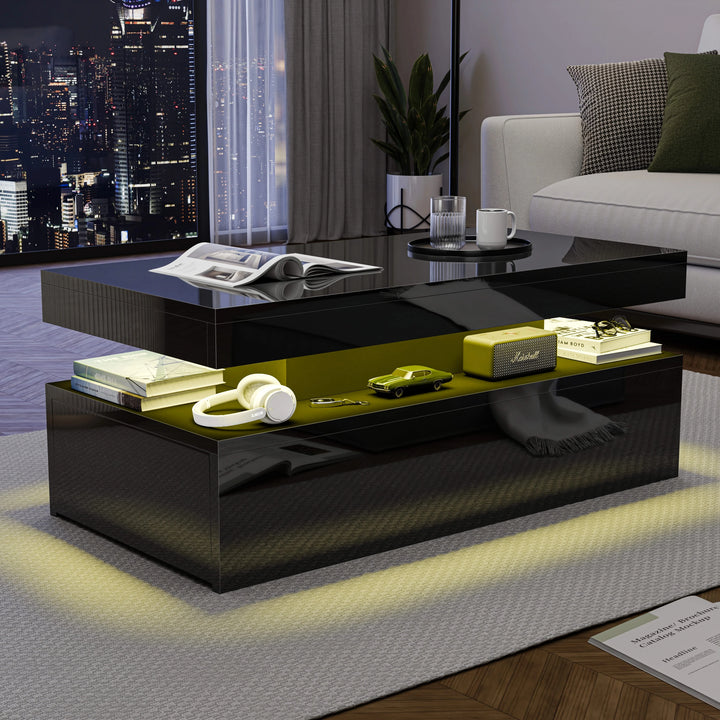 [Black] Night view of black storage coffee table, warm yellow shelf glow lighting headphones, gift box and speaker