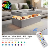 [Grey] Infographic of grey coffee table showing 16 RGB colour LED options with handheld remote control on the right