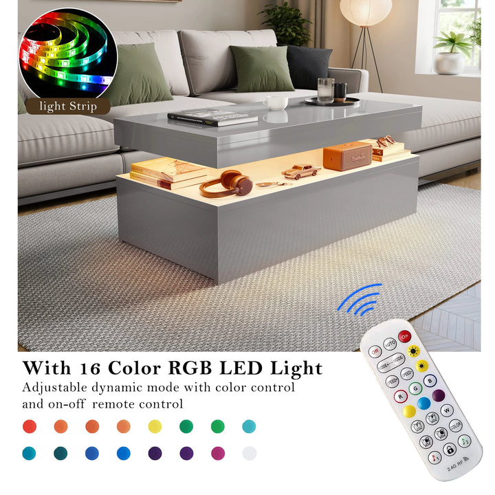 [Grey] Infographic of grey coffee table showing 16 RGB colour LED options with handheld remote control on the right