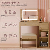 [Oak] oak vanity Storage Aplenty callout on pink background labelling hidden shelf, drawer, cabinet