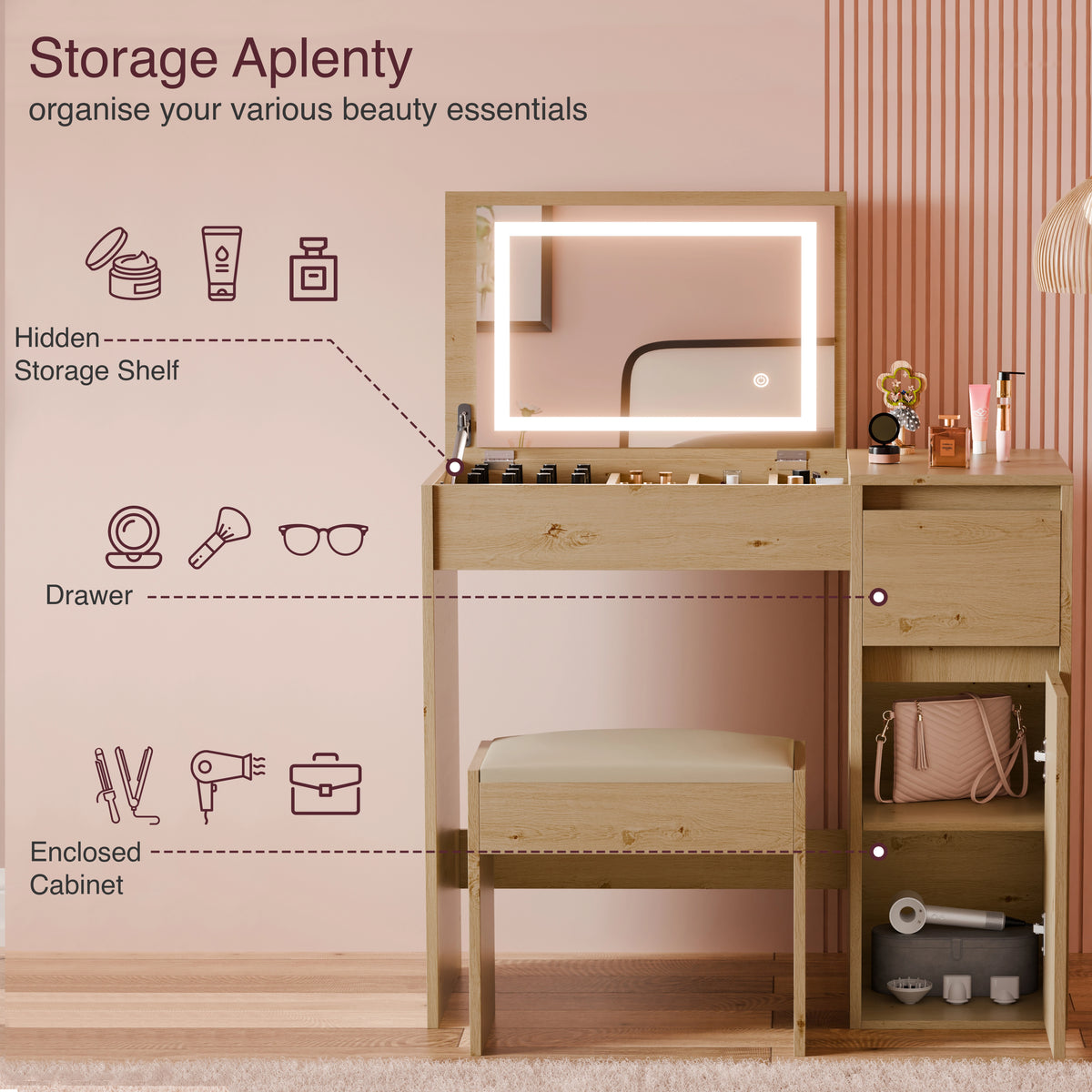 [Oak] oak vanity Storage Aplenty callout on pink background labelling hidden shelf, drawer, cabinet