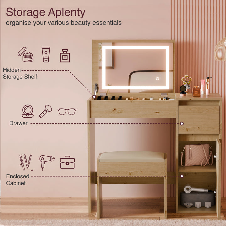 [Oak] oak vanity Storage Aplenty callout on pink background labelling hidden shelf, drawer, cabinet