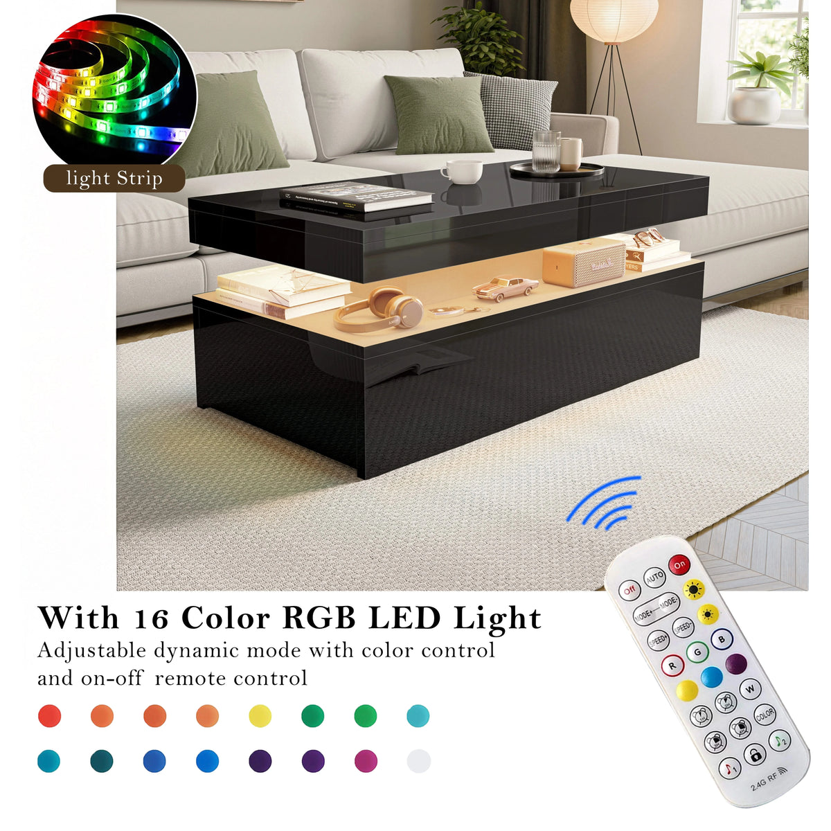 [Black] Infographic of black coffee table showing 16 RGB colour LED options with handheld remote control on the right
