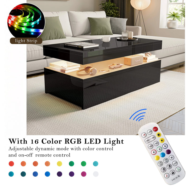 [Black] Infographic of black coffee table showing 16 RGB colour LED options with handheld remote control on the right