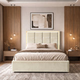 [Beige | Double] LED ottoman bed front view with square-panel headboard, lit border and low footboard