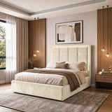 [Beige | Double] LED ottoman bed lifestyle room view with glowing headboard border and bedside storage