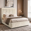 [Beige | Double] LED ottoman bed in bedroom with square-panel headboard, lit LED border and padded base